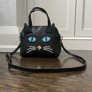 Kate Spade Cat's Meow Bag Blue Eye Black Cat Leather Purse Gold Interior